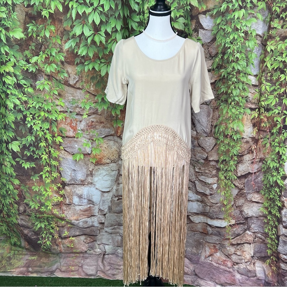 NWT TRYB Festival Style Taupe Silk Fringed Short Sleeve Blouse, XS - Picture 3 of 15